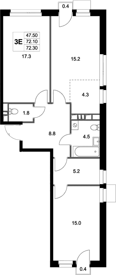 Планировка: Евротрёшка 72,1 м² в ЖК «Легенда Марусино»