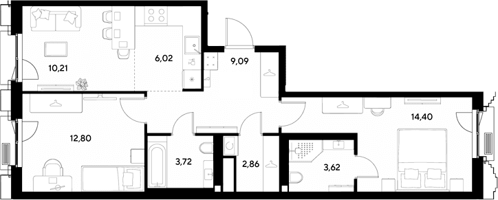 Планировка: Евротрёшка 62,7 м² в ЖК «ЭВО»