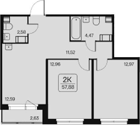 Планировка: 2-комнатная квартира 56,6 м² в ЖК «Расцветай в Янино»