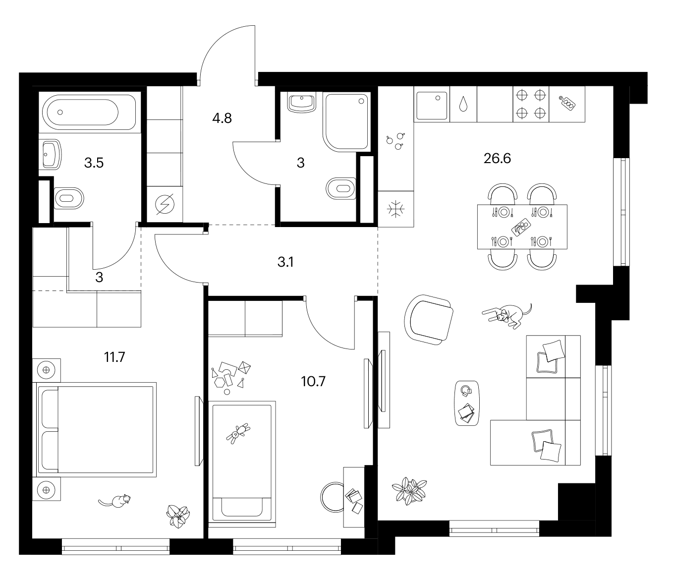 Планировка: 2-комнатная квартира 66,4 м² в ЖК «Ярославский»