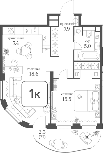 Планировка: 1-комнатная квартира 54,4 м² в ЖК «Муза»