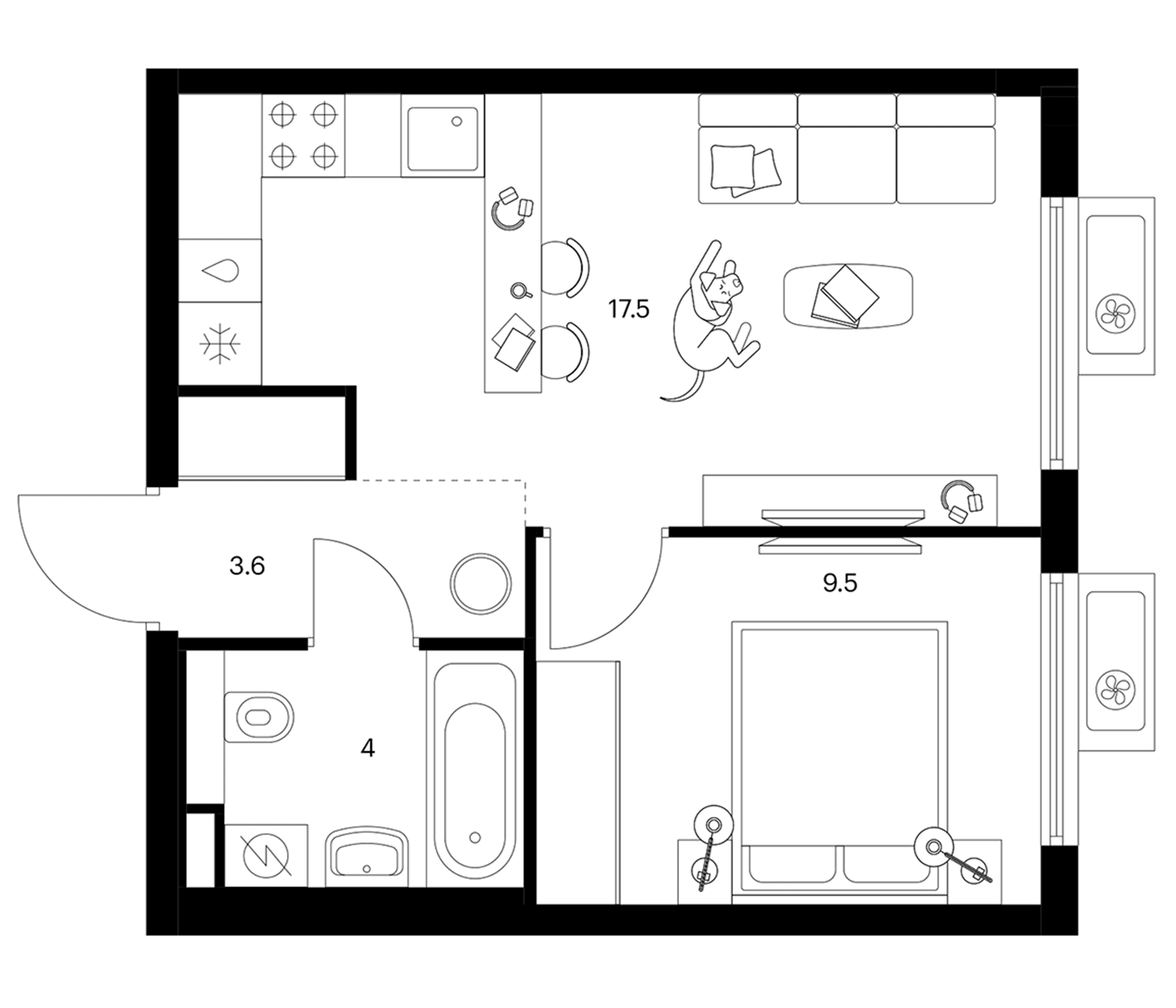 Планировка: 1-комнатная квартира 34,6 м² в ЖК «Белая Дача парк»