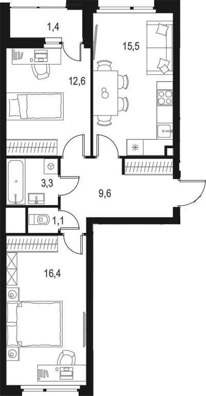 Планировка: 2-комнатная квартира 58,5 м² в ЖК «Левел Лесной»