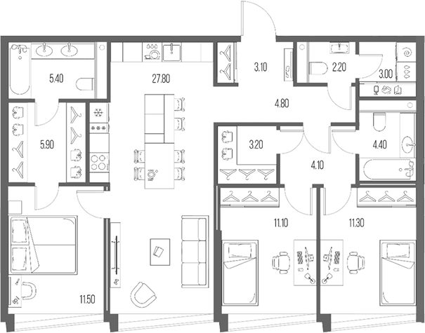 Планировка: 3-комнатная квартира 97,8 м² в ЖК «Северный Порт»
