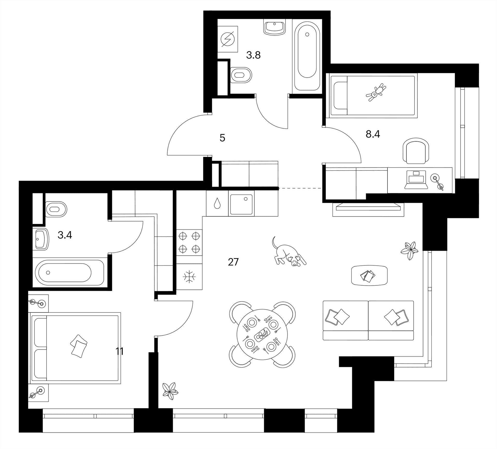 Планировка: 2-комнатная квартира 58,6 м² в ЖК «Строгино 360»