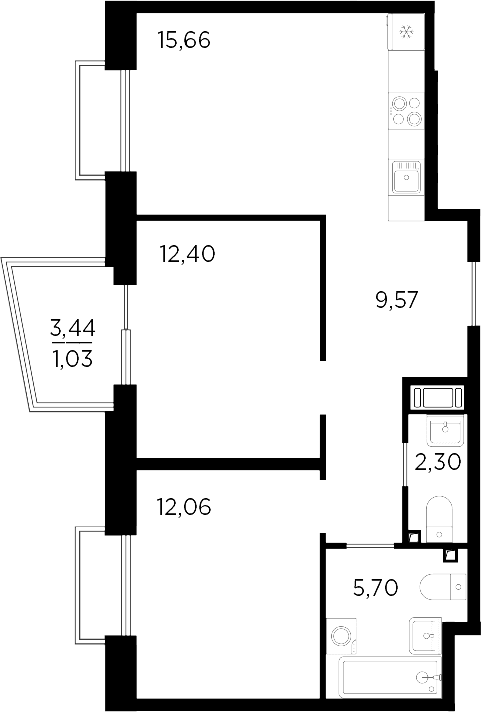 Планировка: Евротрёшка 57,7 м² в ЖК «Респект»