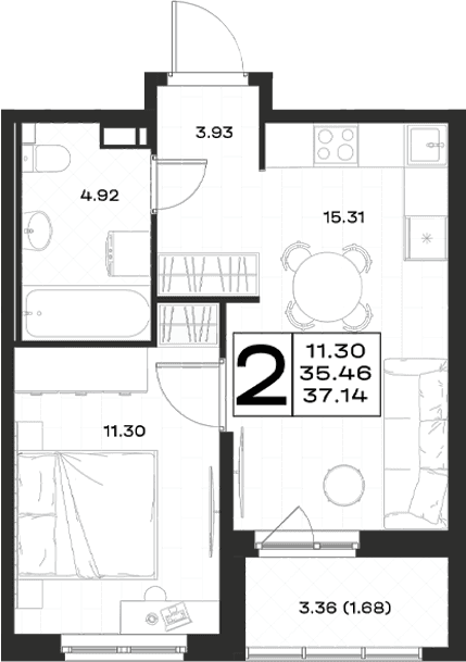 Планировка: Евродвушка 35,5 м² в ЖК «Имена»