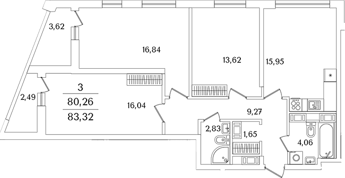 Планировка: 3-комнатная квартира 78,8 м² в ЖК «Лайнеръ»