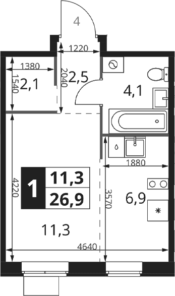 Планировка: Студия 26,9 м² в ЖК «1-й Ясеневский»