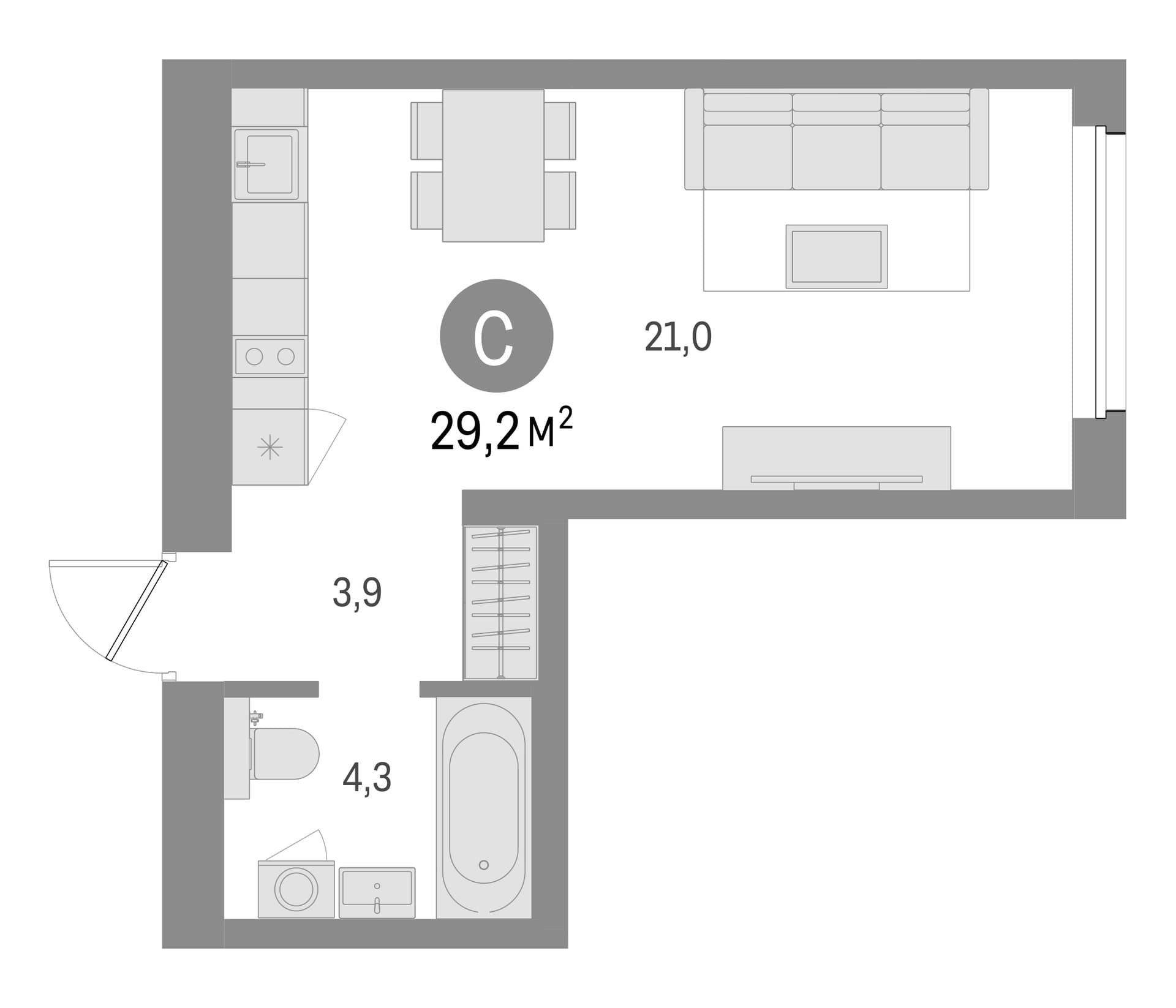 Планировка: Студия 29,2 м² в ЖК «Северный ветер»