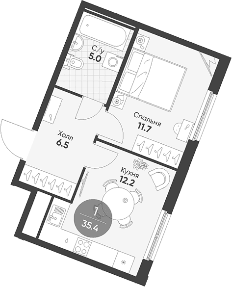 Планировка: 1-комнатная квартира 35,4 м² в ЖК «Клюква.Парк»