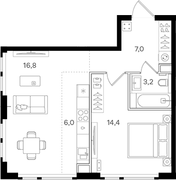 Планировка: Евродвушка 47,4 м² в ЖК «НАЗАРЕ»