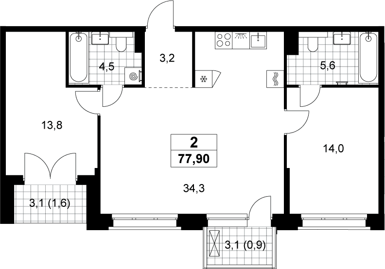 Планировка: Евротрёшка 75,4 м² в ЖК «Хольм»