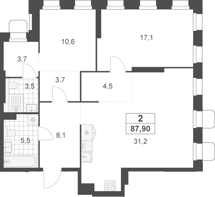 Планировка: Евротрёшка 87,9 м² в ЖК «Деснаречье»