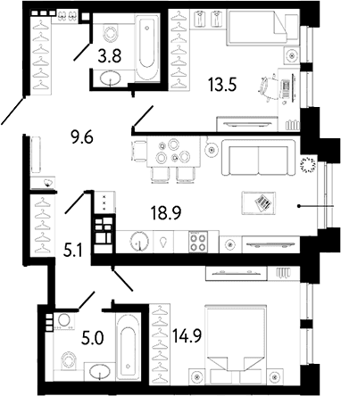 Планировка: Евротрёшка 70,8 м² в ЖК «Коллекционер»