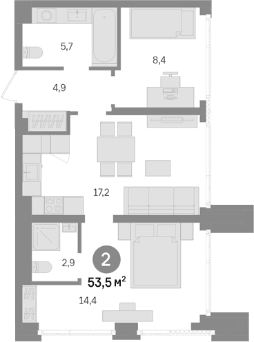 Планировка: 2-комнатная квартира 53,5 м² в ЖК «Квартал Издание»