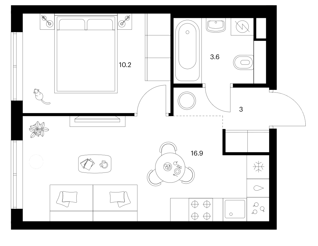 Планировка: 1-комнатная квартира 33,7 м² в ЖК «Москворечье»