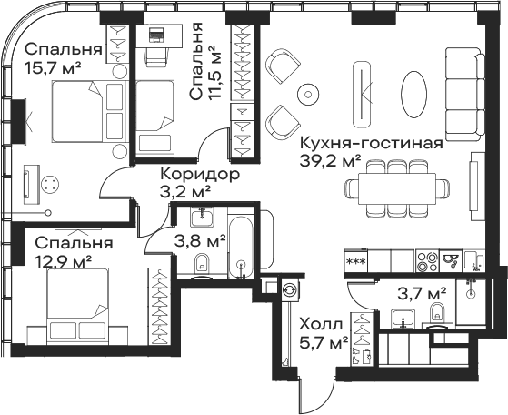 Планировка: Квартира евро-4 95,7 м² в ЖК «Сити Бэй»