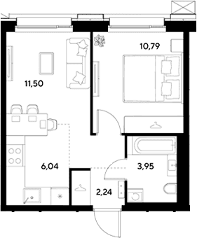 Планировка: Евродвушка 34,5 м² в ЖК «ЭВО»