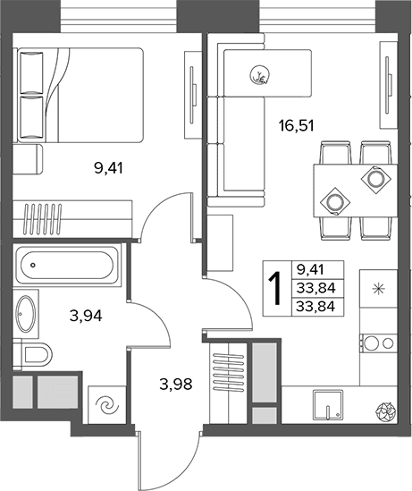 Планировка: Евродвушка 33,8 м² в ЖК «Городской бор»