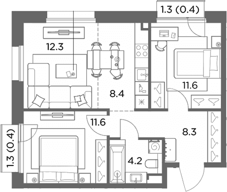 Планировка: Евротрёшка 56,4 м² в ЖК «Станиславский»