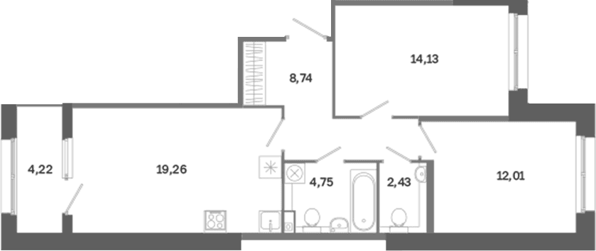 Планировка: Евротрёшка 61,3 м² в ЖК «Дом на Курской»