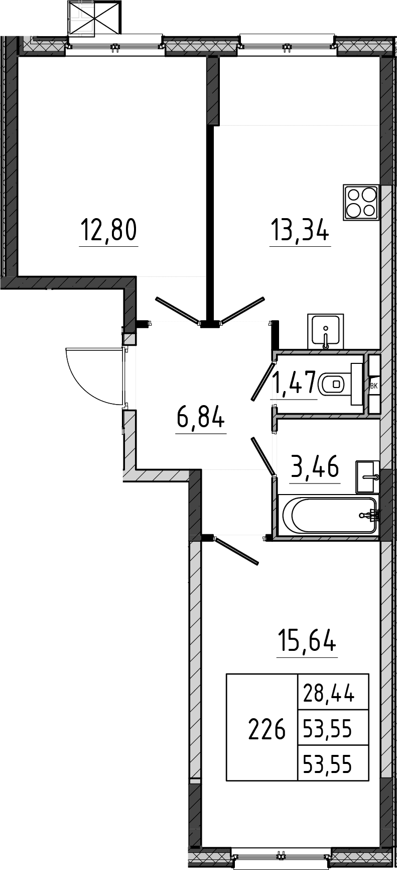 Планировка: 2-комнатная квартира 53,6 м² в ЖК «Поварово-Молодежный-2»