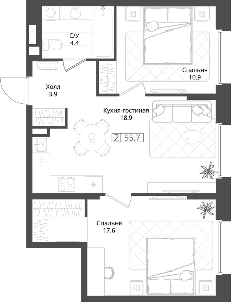 Планировка: 2-комнатная квартира 55,7 м² в ЖК «Коллекция»