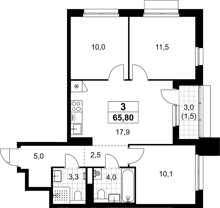 Планировка: Квартира евро-4 64,3 м² в ЖК «Деснаречье»