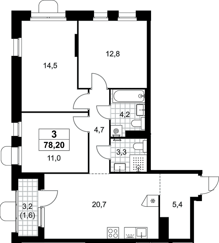 Планировка: Квартира евро-4 76,6 м² в ЖК «Прокшино»