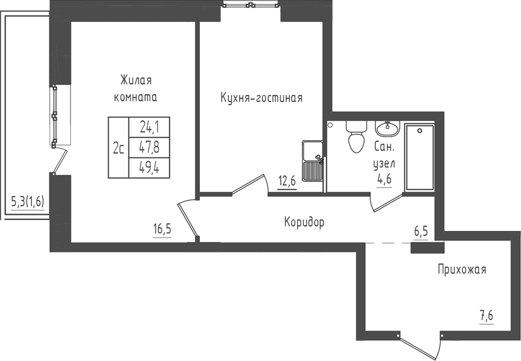 Планировка: 1-комнатная квартира 47,8 м² в ЖК «Зеленый город»