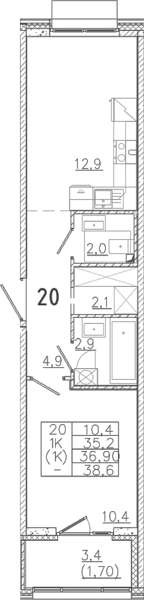 Планировка: 1-комнатная квартира 35,2 м² в ЖК «Лисино»