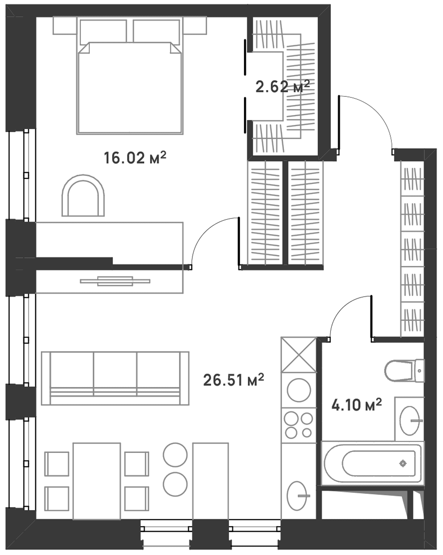 Планировка: Евродвушка 49,3 м² в ЖК «Дюна»