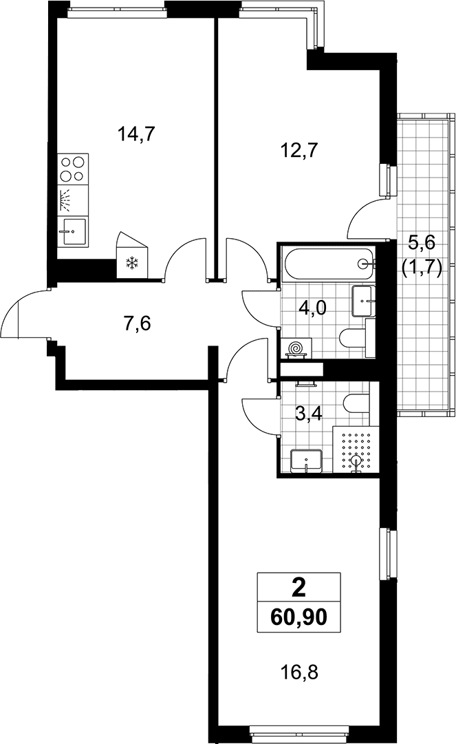 Планировка: 2-комнатная квартира 59,2 м² в ЖК «Деснаречье»