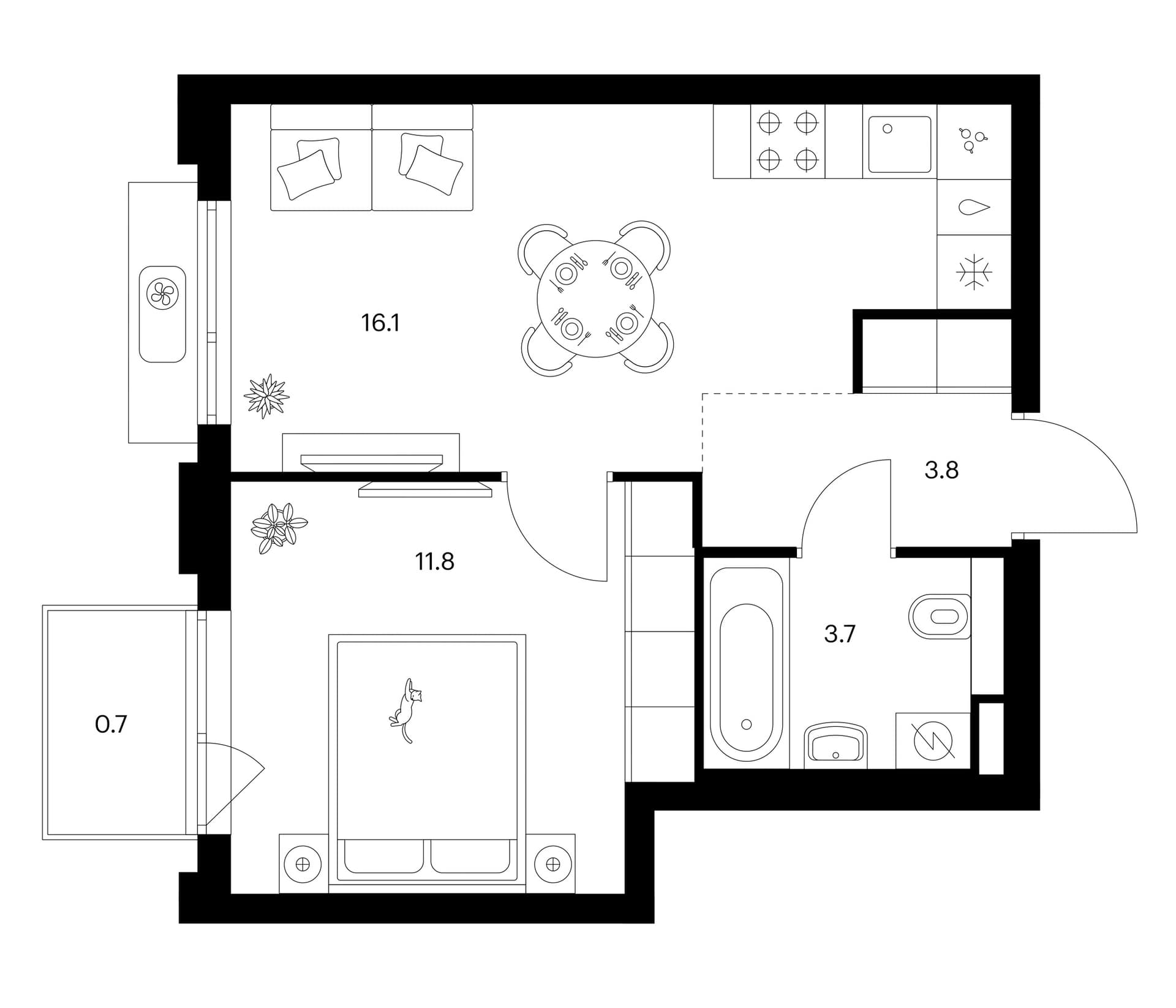 Планировка: 1-комнатная квартира 35,4 м² в ЖК «Белая Дача парк»