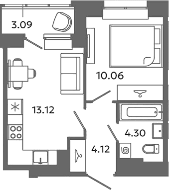 Планировка: 1-комнатная квартира 31,6 м² в ЖК «Загляденье»