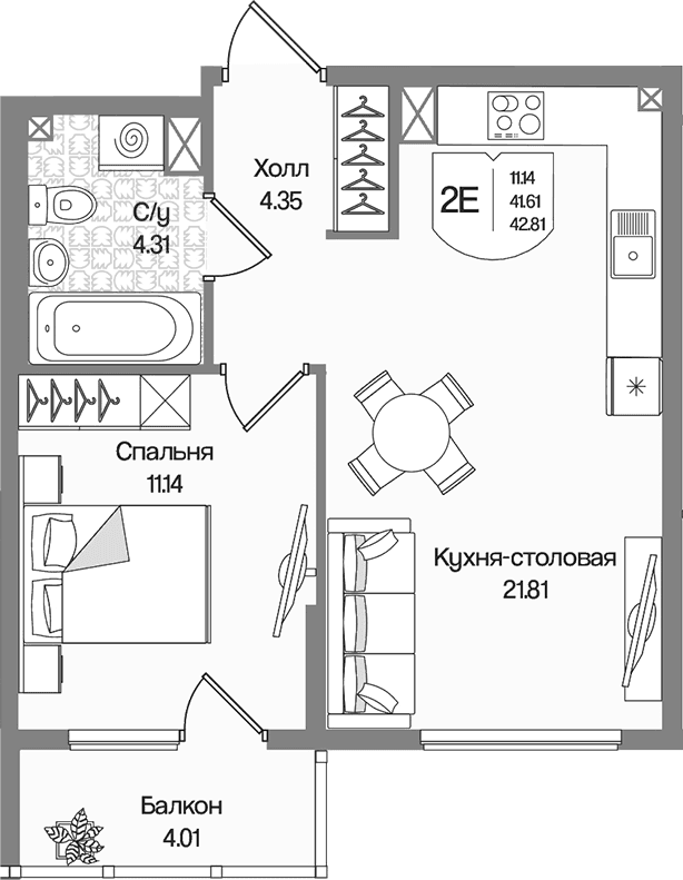 Планировка: Евродвушка 41,6 м² в ЖК «Охтинские высоты»