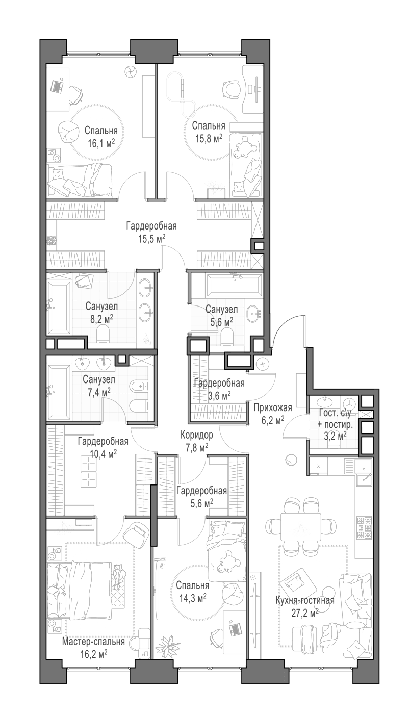 Планировка: Квартира евро-5 164,1 м² в ЖК «Квартал Life Time»