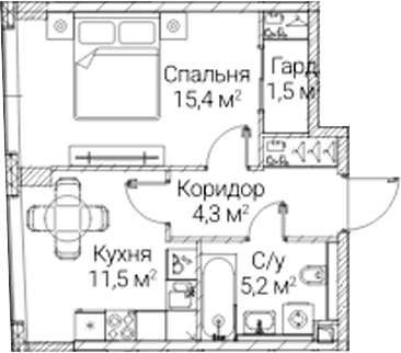 Планировка: 1-комнатная квартира 37,9 м² в ЖК «СЕЗАР БУДУЩЕЕ»