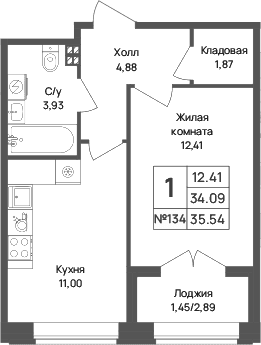 Планировка: 1-комнатная квартира 34,1 м² в ЖК «Капральский берег»