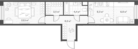 Планировка: Евродвушка 44,6 м² в ЖК «Аристов Берег»