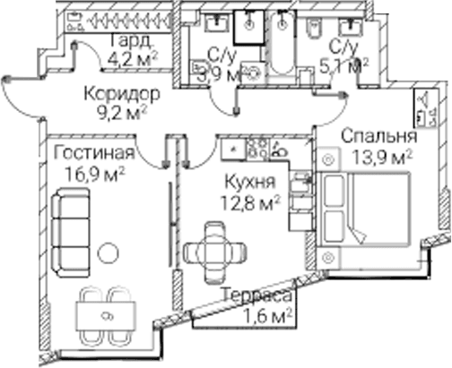 Планировка: 2-комнатная квартира 64,9 м² в ЖК «СЕЗАР БУДУЩЕЕ»