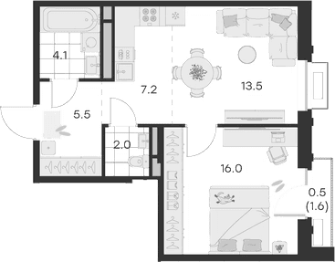 Планировка: Евродвушка 48,3 м² в ЖК «Михалевич»
