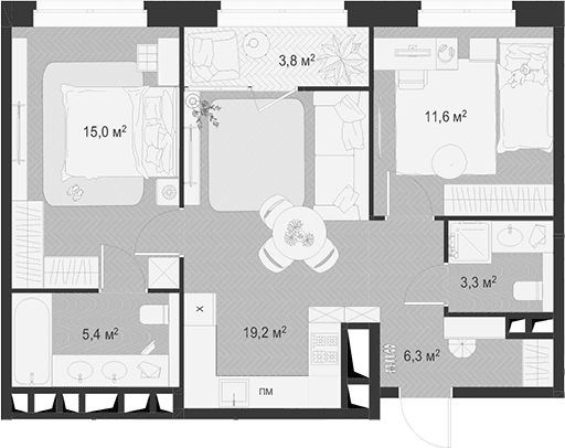 Планировка: Евротрёшка 60,8 м² в ЖК «Гранд Комфорт 3»