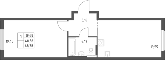 Планировка: Евродвушка 48,4 м² в ЖК «Большое Юрлово»