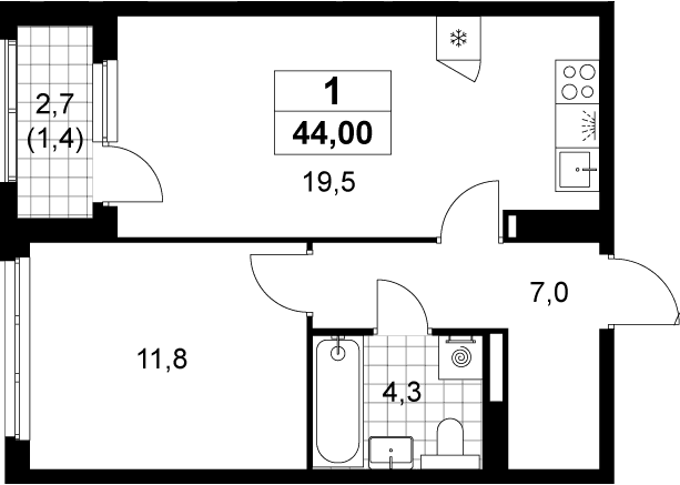 Планировка: Евродвушка 42,6 м² в ЖК «Деснаречье»