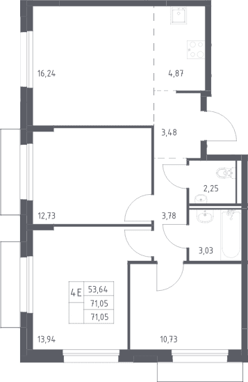 Планировка: Квартира евро-4 71,1 м² в ЖК «Прибрежный Парк»