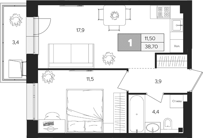 Планировка: 1-комнатная квартира 37,7 м² в ЖК «Ласточкино»