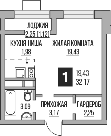 Планировка: Студия 29,9 м² в ЖК «Гранель Пехра»