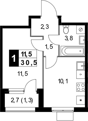 Планировка: 1-комнатная квартира 29,2 м² в ЖК «1-й Измайловский»